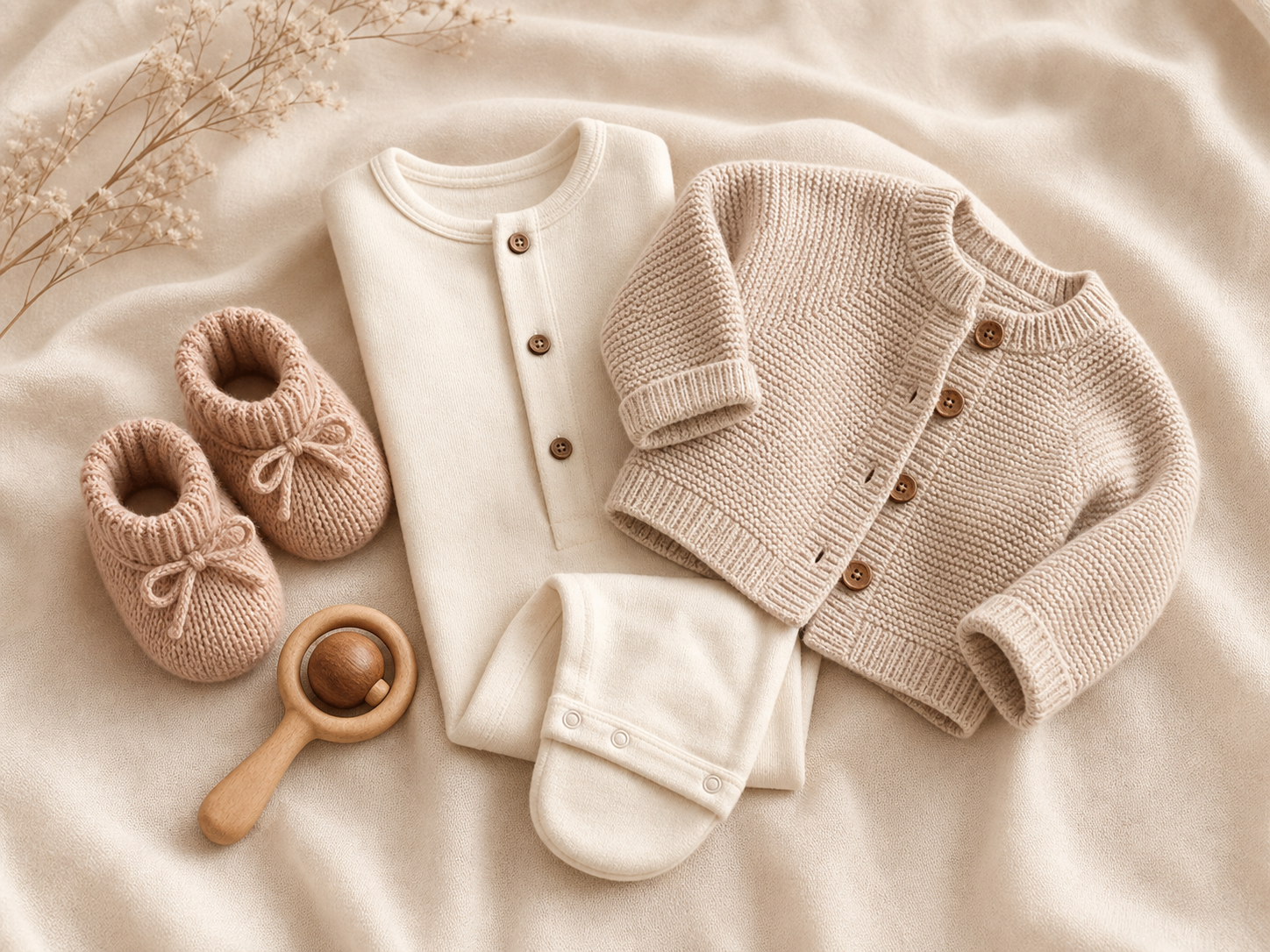 Neutral organic cotton baby garments and knitted booties