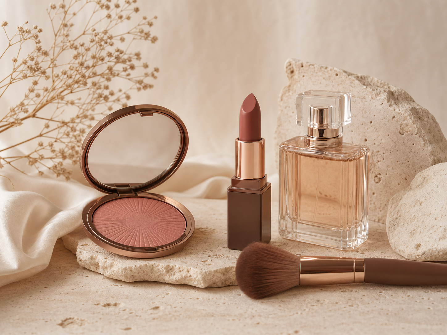 Luxury cosmetics arranged on warm ivory stone