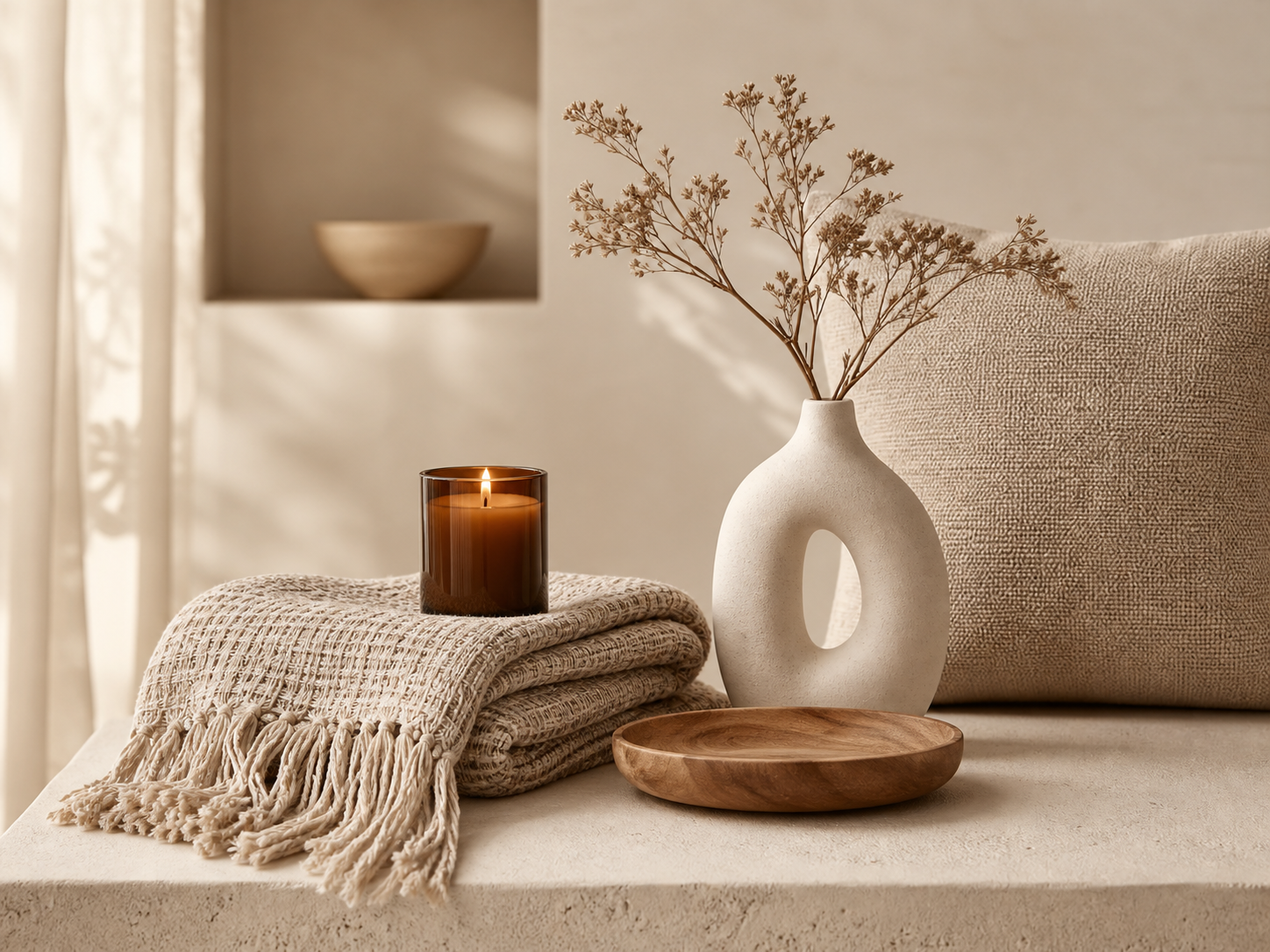 Neutral home accessories with a woven throw, candle and vase