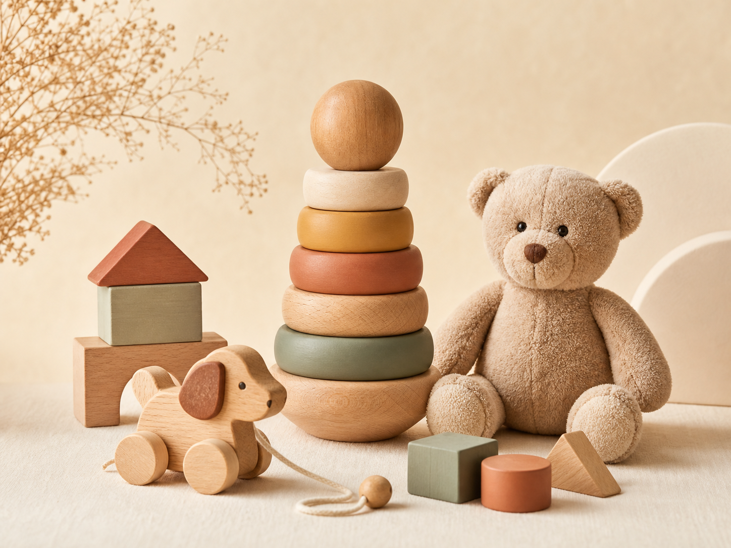 Wooden toys and a soft teddy bear in warm neutral colors