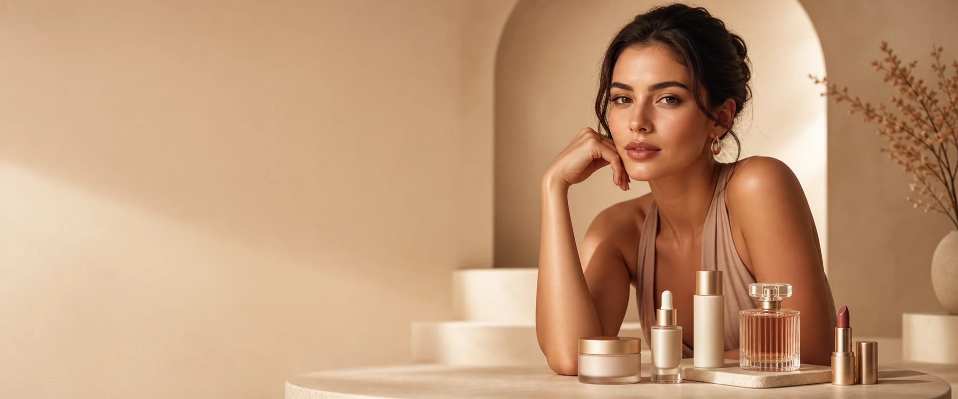 Woman with premium cosmetics, perfume, lipstick and skincare