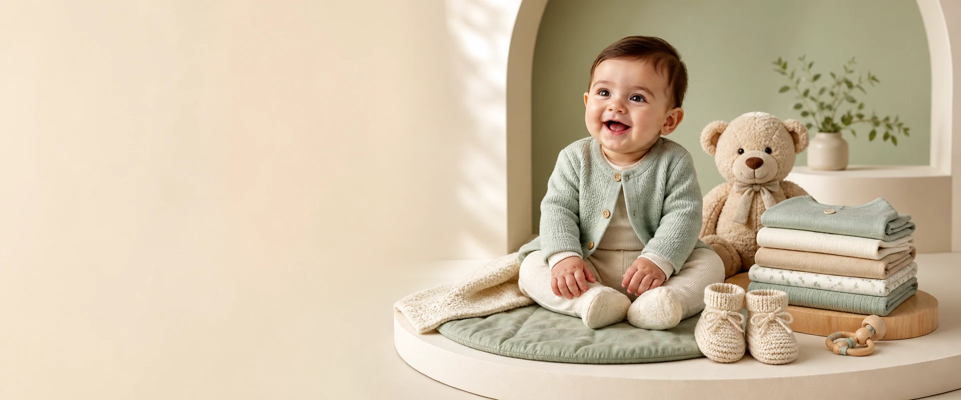 Smiling baby with soft garments, teddy bear and baby accessories