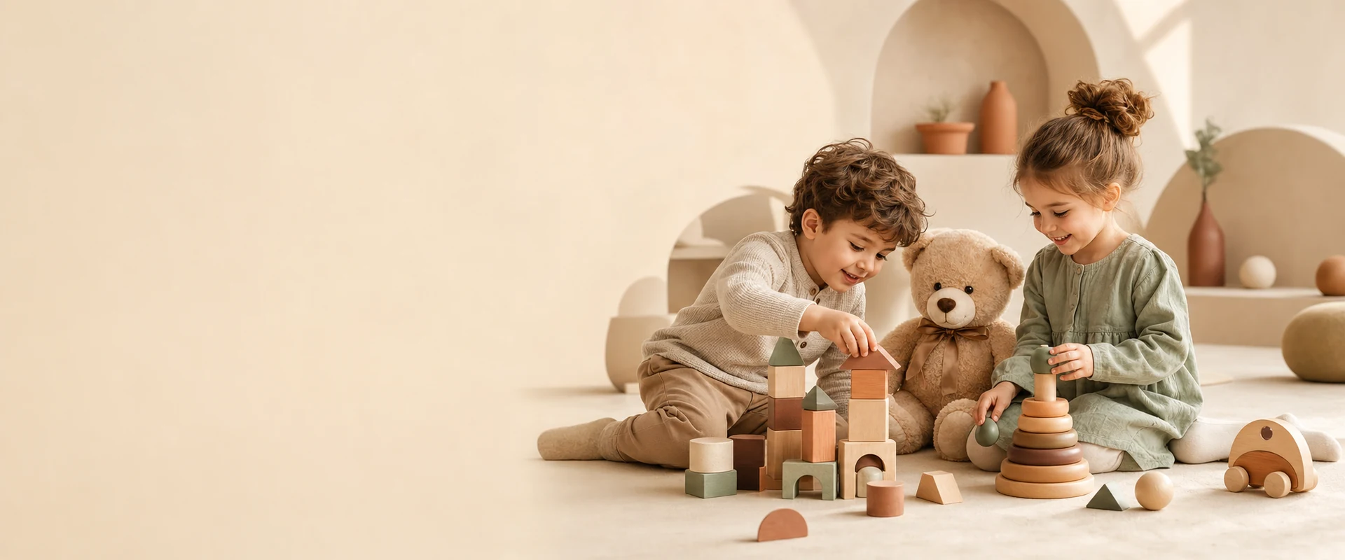 Children playing with a teddy bear, wooden blocks and educational toys