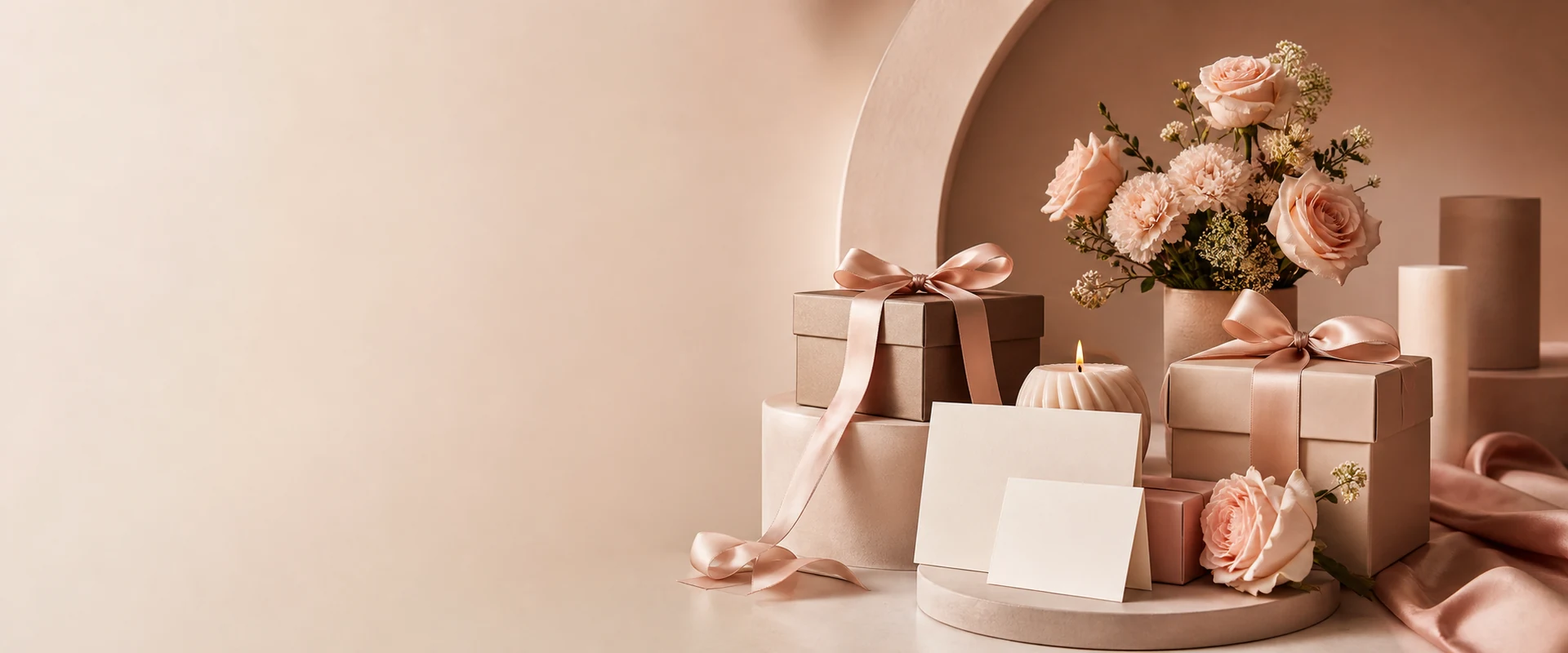 Luxury gift boxes, blush flowers, candles and blank greeting cards