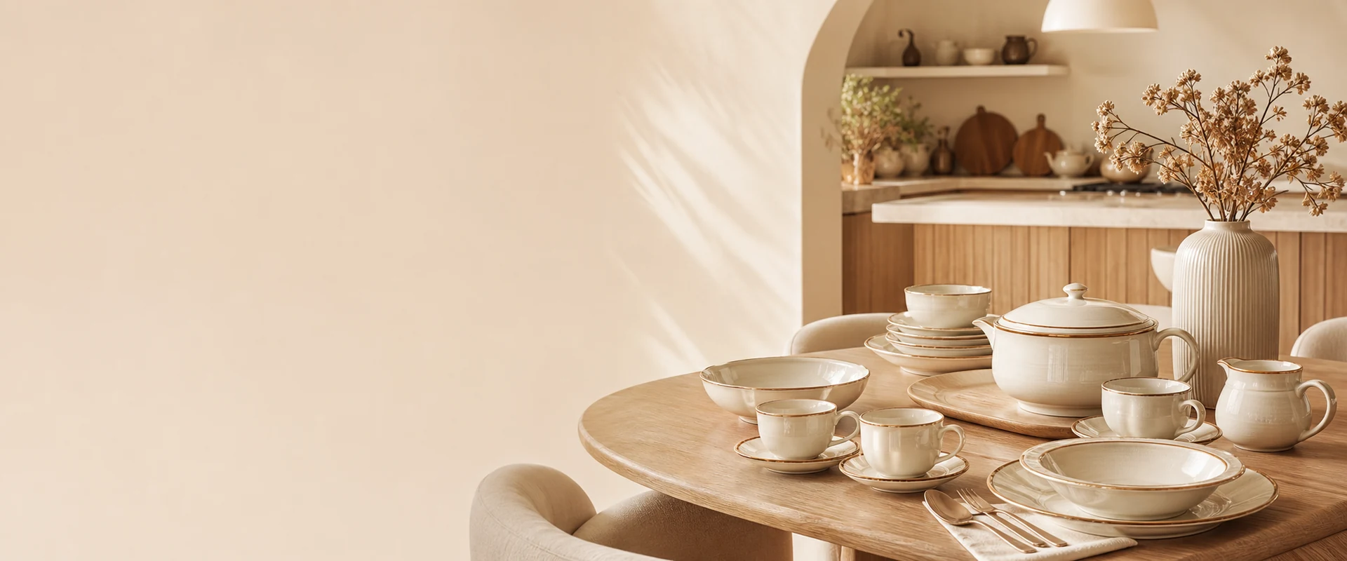 Premium cream dinnerware and tea set in a luxury kitchen